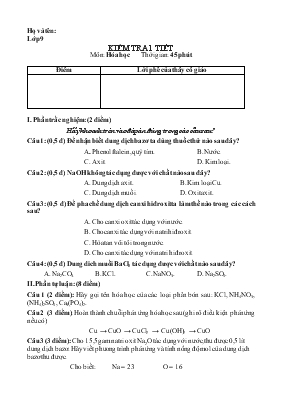 Đề thi Kiểm tra 1 tiết môn Hóa học lớp 9 thời gian 45 phút